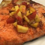 Grilled a delicious salmon and topped it with a peach salsa. It was so good. Even the kids ate it up. My oldest commented on how easily it came off the skin.